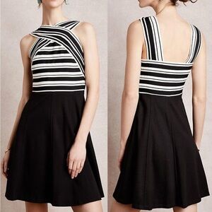 Anthropologie Maeve black and white crosswise fit and flare bandage dress